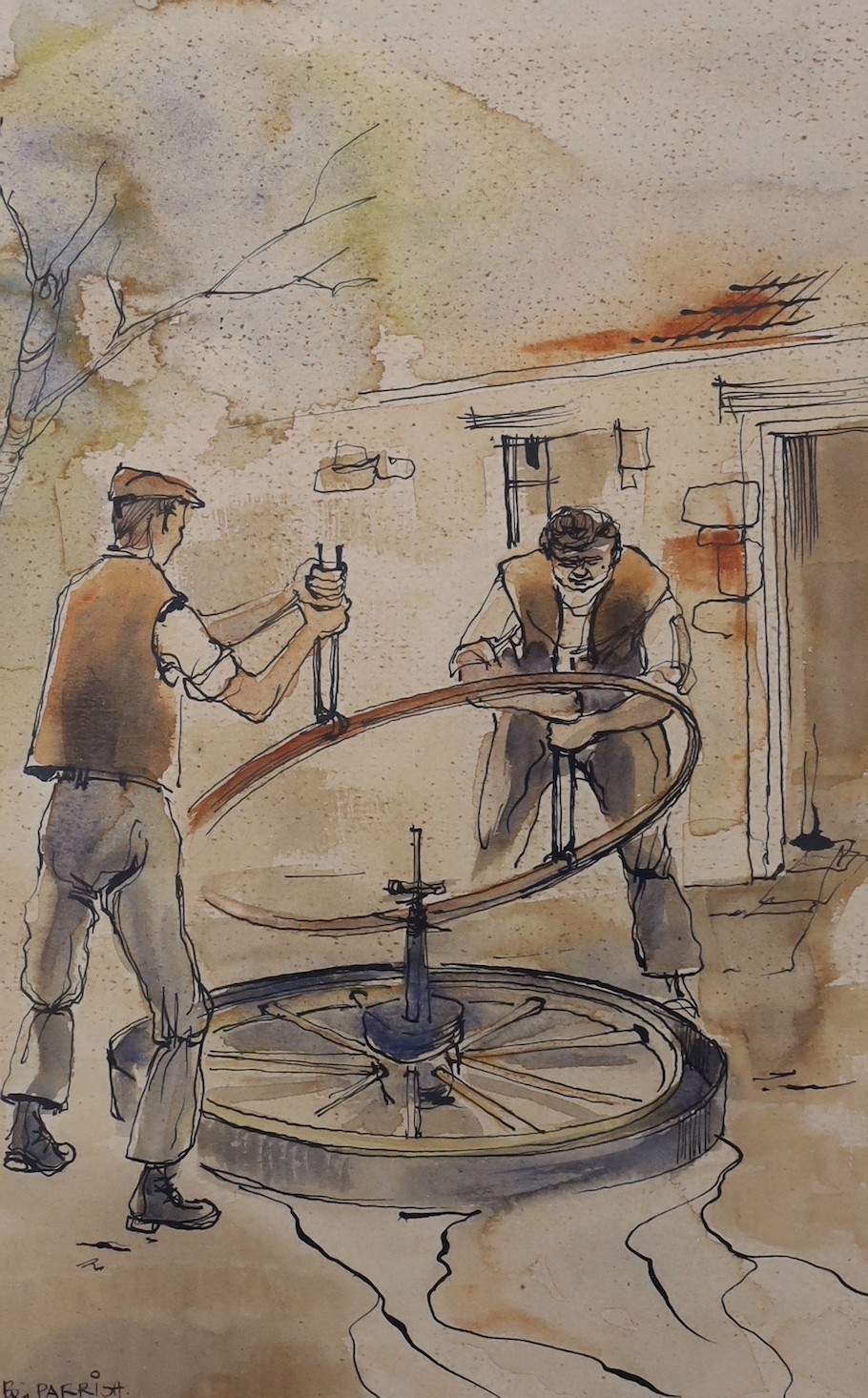 B.G. Parrish, 20th century, a pair of watercolours, The Mower and The Wheelwright, signed and inscribed, 28 x 17cm